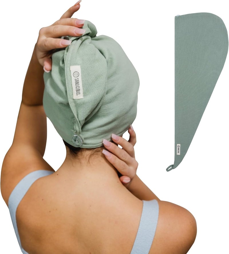 Sand Cloud Cotton Hair Towel Wrap, Sage - Quick Dry Hair Towel for Wet Hair - 100% Turkish Organic Cotton, Half Terry Weave with Binding Edge - 10" x 15" Lightweight, Frizz-Free Hair Drying Towel - Image 1